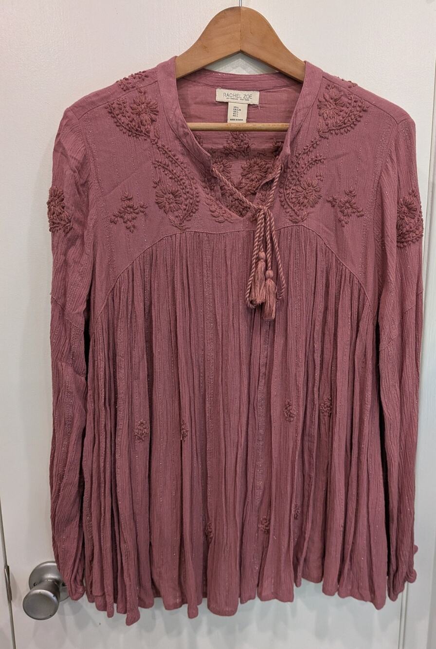 Rachel Zoe Mauve Embroidered Boho Peasant Blouse Tassel Lurex Pinstripe Large